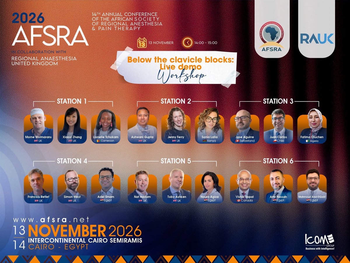 AFSRA10's tweet photo. 🌍✨ What an incredible lineup of experts from all over the world at the upcoming #AFSRA2026 with @RegionalAnaesUK 💪💪

Don’t miss this fantastic opportunity to learn from leading experts, gain new insights, and hear different perspectives from across the world of regional anaesthesia. 🩺💡

Two full days packed with regional anaesthesia workshops, expert talks, practical tips and tricks, and valuable discussions — there’s so much to learn and take back into your practice.

Excited to be attending this year with RAUK and looking forward to an inspiring and educational conference! 🙌

Don’t miss the chance to learn, connect, and share!
