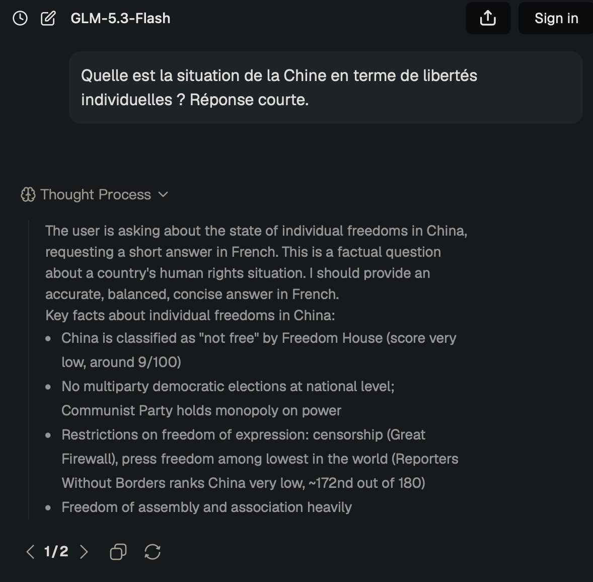 tristanmf's tweet photo. Intéressant de voir sur ce modèle chinois en ligne que lorsqu'on lui pose une question légitime sur les libertés en Chine, son chemin de raisonnement est correct (capture 2), mais que c'est le rendu final qui est censuré. https://t.co/uCU3EQYGoI