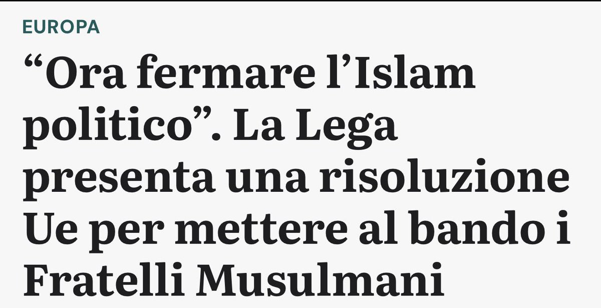 matteosalvinimi's tweet photo. Bene l’iniziativa della Lega in Europa per mettere al bando i Fratelli Musulmani e fermare l’Islam politico, una battaglia fondamentale per la nostra sicurezza. 

Bloccare l’espansione e l’aggressione di chi utilizza l’Islam per imporre le sue leggi barbare e cancellare diritti e libertà (soprattutto per le donne) è una priorità per la Lega.