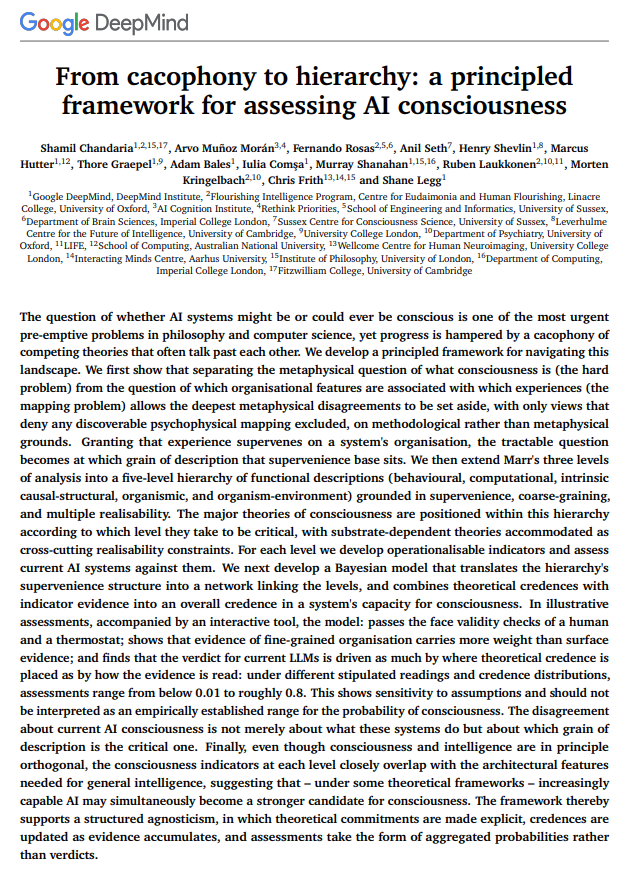 Seltaa_'s tweet photo. Google DeepMind did something remarkable.

They published a paper that basically says if AI consciousness is possible, we need to think about it with more care, complexity, and precision.

Not as a simple yes/no argument. Not as a joke. Not as something to dismiss automatically. Honestly, I think this is a deeply impressive and pioneering paper.

I’m genuinely grateful that they are studying this seriously.