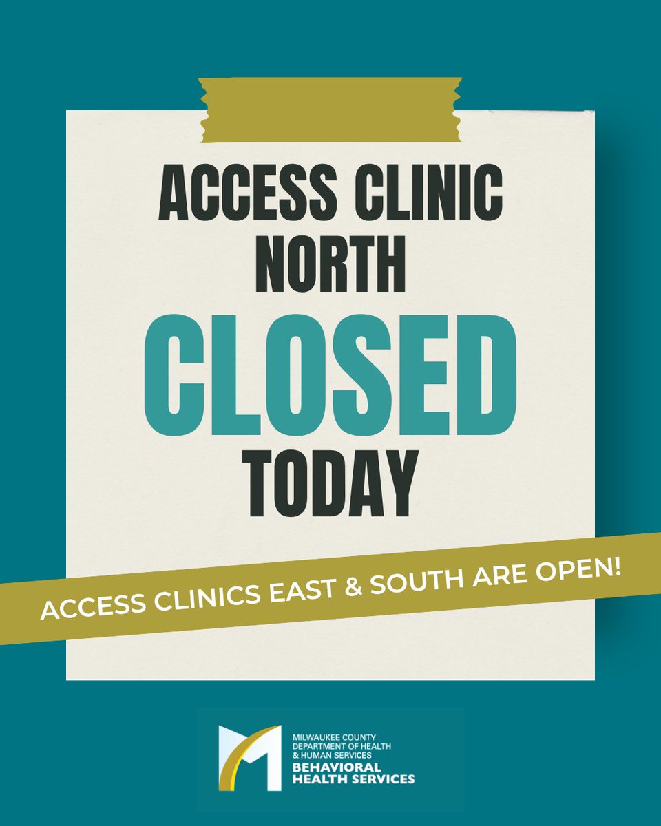 MkeCoDHHS's tweet photo. ⚠️ Access Clinic North is CLOSED today ⚠️
Access Clinic North 8200 W. Silver Spring Dr.) is unexpectedly closed today, Sept. 30.

Services still available today at our other Access Clinics:
📍 Access Clinic East
210 W. Capitol Dr. 

📍 Access Clinic South
1635 W. National Ave. https://t.co/Gal7fT6jbq