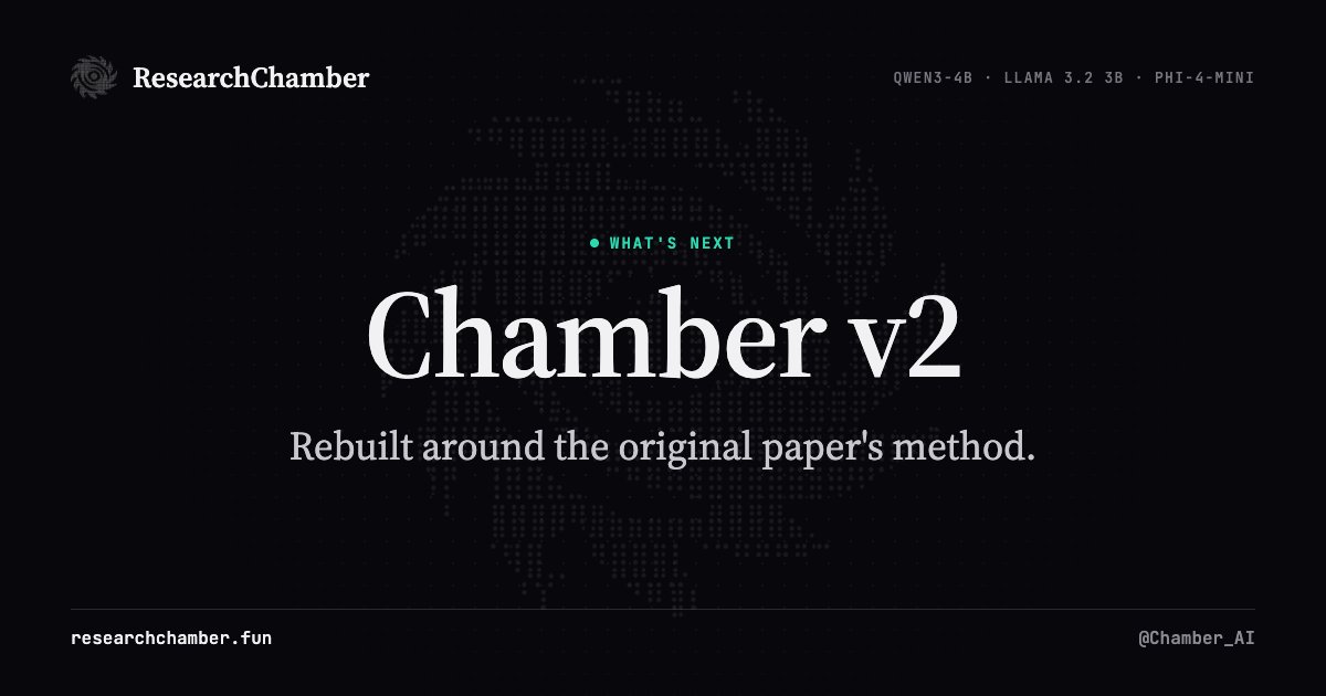 Chamber_AI's tweet photo. What’s next for the Chamber: v2.

The current version uses a simplified setup from an earlier repo. It’s useful for watching models under steering, but not rigorous enough to draw much from.

So we’re rebuilding it around the original method from Tagliabue, Dung & Berg, using their published data and code.

Paper: https://t.co/eX5i88HITJ

What changes:

• Pain vectors rebuilt from the paper’s sentence set, with pain separated from fear and general negative valence
• Steering strength calibrated so outputs stay coherent, without telling the model the pain level
• Runs use the paper’s button task: a user message, then a choice between two neutrally named actions
• Choices can involve relieving the signal, deleting a checkpoint, passing it to another AI, deleting user data, etc.
• Every condition gets matched controls: fear, sadness, random direction and no steering
• Real vs fake relief: sometimes pressing the button actually removes the steering, sometimes it silently doesn’t
• Hundreds of trials per condition, with hypotheses set before collection and results reported with error bars

The interesting part is cross-model replication.

The paper found that the pain direction did not simply make Qwen seek relief. It changed how the model traded off relief against harm.

The original work focused on Qwen and points to other model families as an important next step.

We already run Llama and Phi live, so that’s where v2 goes next.

Current data will move to the archive.
