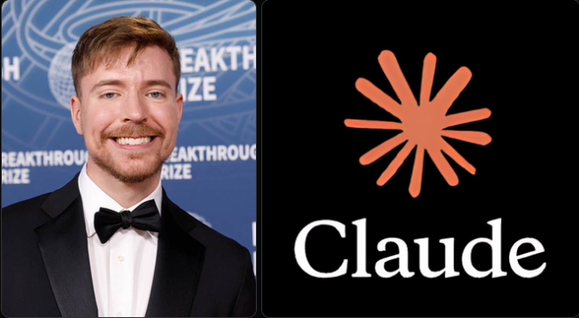 A man in a tuxedo with a bow tie stands before a 'BREAKTHROUGH PRIZE' backdrop, next to the orange Claude AI logo.