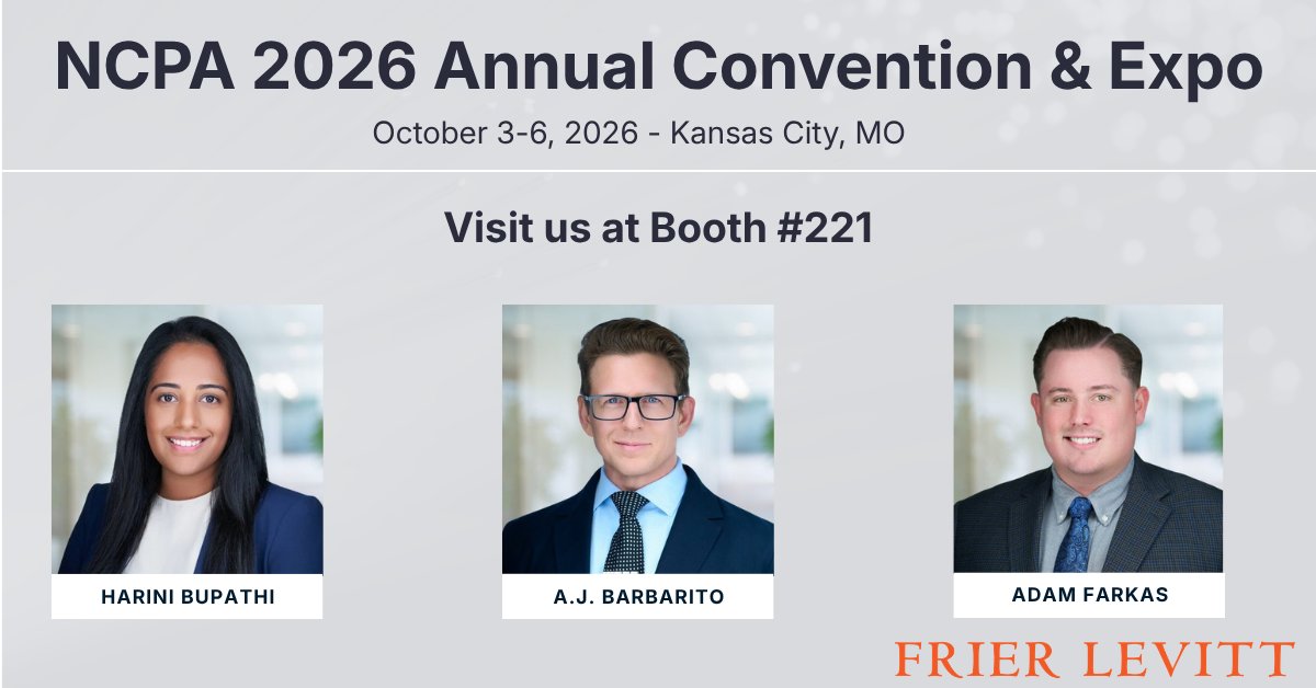 FrierLevitt's tweet photo. Frier Levitt is exhibiting at the NCPA 2026 Annual Convention & Expo in Kansas City this weekend. Visit us at Booth #221.

Independent pharmacies face significant legal, regulatory, and reimbursement challenges. Our team will be on site to speak with pharmacy owners and professionals about the issues affecting their businesses.

Have a specific issue you want to discuss? Schedule time with our team in advance or stop by Booth #221 during the convention.

🔗 https://t.co/Ip2mgC4dbg

#NCPA2026 #IndependentPharmacy #PharmacyLaw #PBM #FrierLevitt