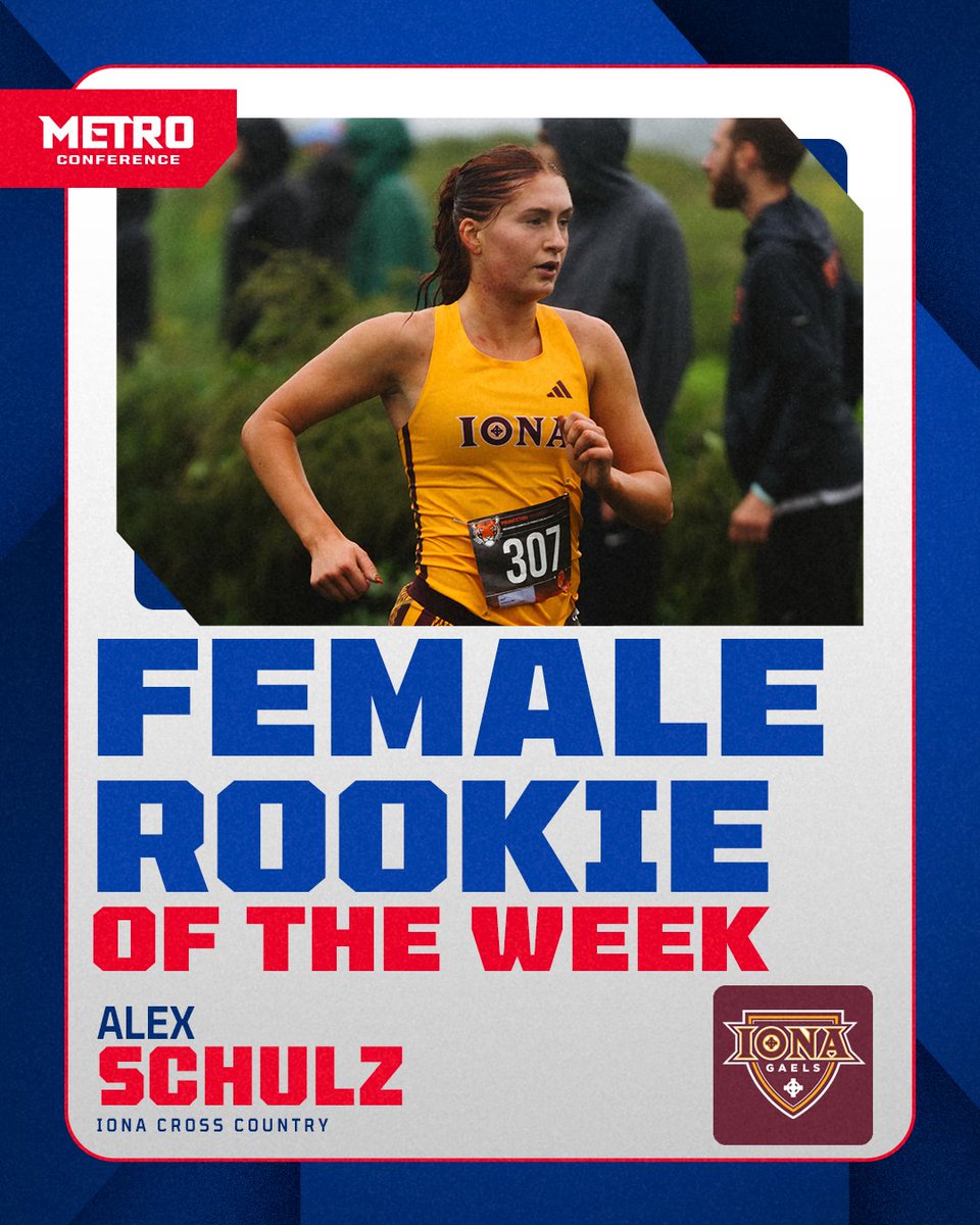 MetroConfSports's tweet photo. Week 4️⃣ Metro Cross Country Female Rookie of the Week! 

@IonaXCTF's Alex Schulz

➡️ Iona's second finisher with a time of 21:14.7 in the women's 6k race!

🔗 https://t.co/4eJWkz6A1P https://t.co/Pk9JExO5eA