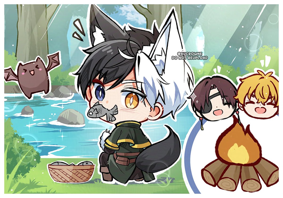AuCrowne's tweet photo. 🫖🌸📒

o(≧∇≦o) Lunch break! Sakura's tasked with catching fish for their meal — part of Bofurin Magic AU #ウィンブレFA https://t.co/BBGVxIgRiT