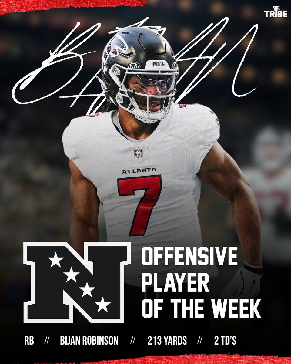 FalconsTribeAtl's tweet photo. Congrats to @Bijan5Robinson on winning NFC offensive player of the week! 

213 total yards 
2 touchdowns 
6.7 YPC

And the Win! https://t.co/IFUKxXX1v6