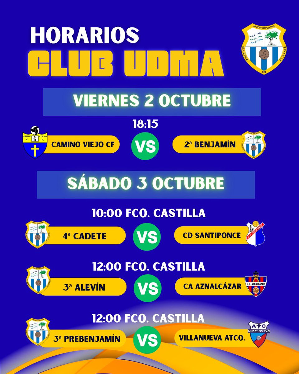 udmairealj's tweet photo. HORARIOS UDMA
Ya tienes disponibles los horarios de nuestros equipos el próximo fin de semana 💪🏻⚽️💙
#udmairena #udmairenadelaljarafe #club #futbol #pasionporelfutbol⚽️ horarios partidos seguimossumando seguimoscreciendo https://t.co/buT8hpIxow