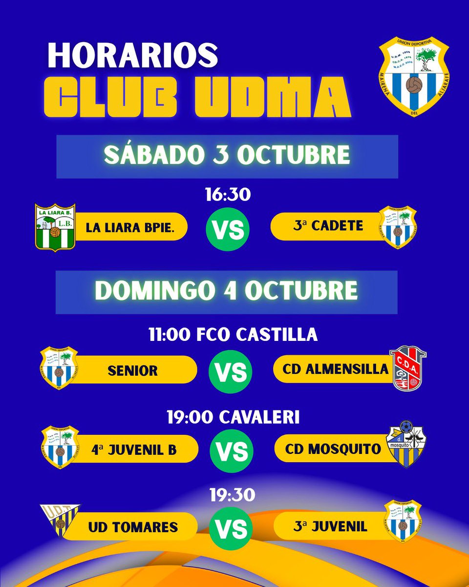 udmairealj's tweet photo. HORARIOS UDMA
Ya tienes disponibles los horarios de nuestros equipos el próximo fin de semana 💪🏻⚽️💙
#udmairena #udmairenadelaljarafe #club #futbol #pasionporelfutbol⚽️ horarios partidos seguimossumando seguimoscreciendo https://t.co/buT8hpIxow