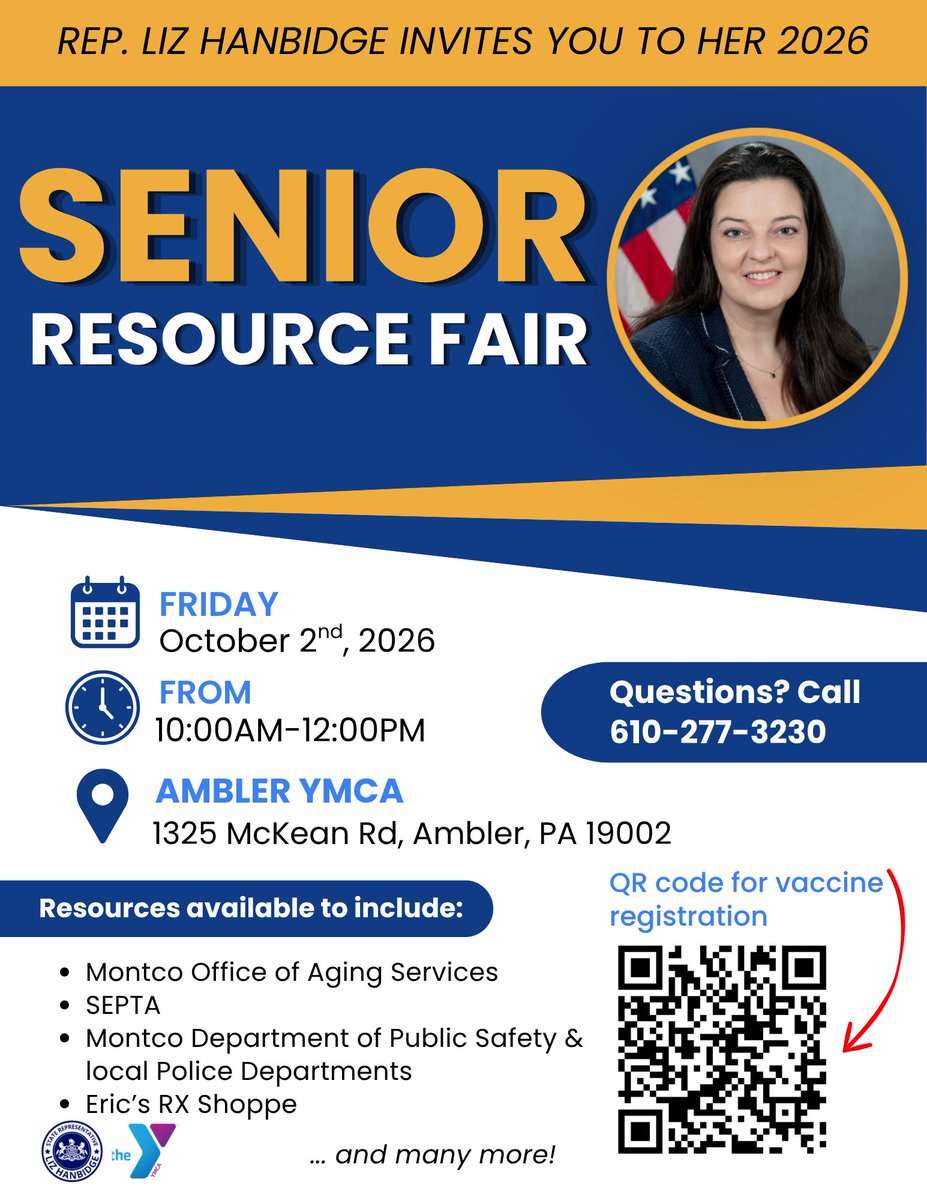 RepHanbidge's tweet photo. I’m happy to host the 61st District’s annual Senior Fair! Please join my staff and me at the Ambler YMCA this Friday, October 2, from 10 a.m.- 12 p.m. There will be 50+ vendors with resources geared exclusively towards seniors and caregivers. https://t.co/wtFB7W6oiF
