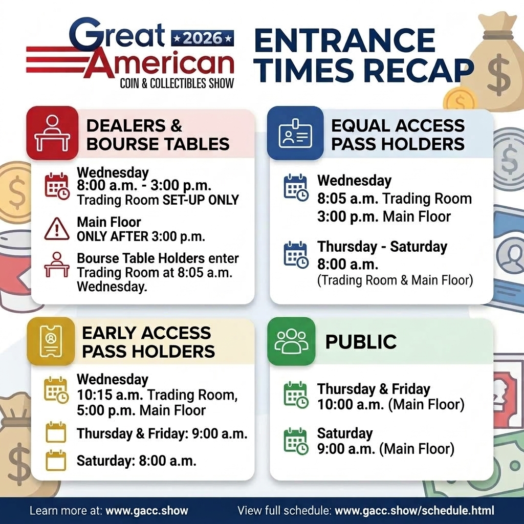 CoinWorld's tweet photo. 🗓️ GACCS 2026 Schedule &amp; Entry Info

⏰ Check our event hours before heading out!

🔗 Details: https://t.co/1Gfkb0ximZ
📋 Full Schedule: https://t.co/8UkKz50qjG

✨ See You There!

Official Auctioneer - @HeritageAuction  

👉Come say "Hi' at the @CoinWorld show booth later today! https://t.co/PjxFR2ZuDS