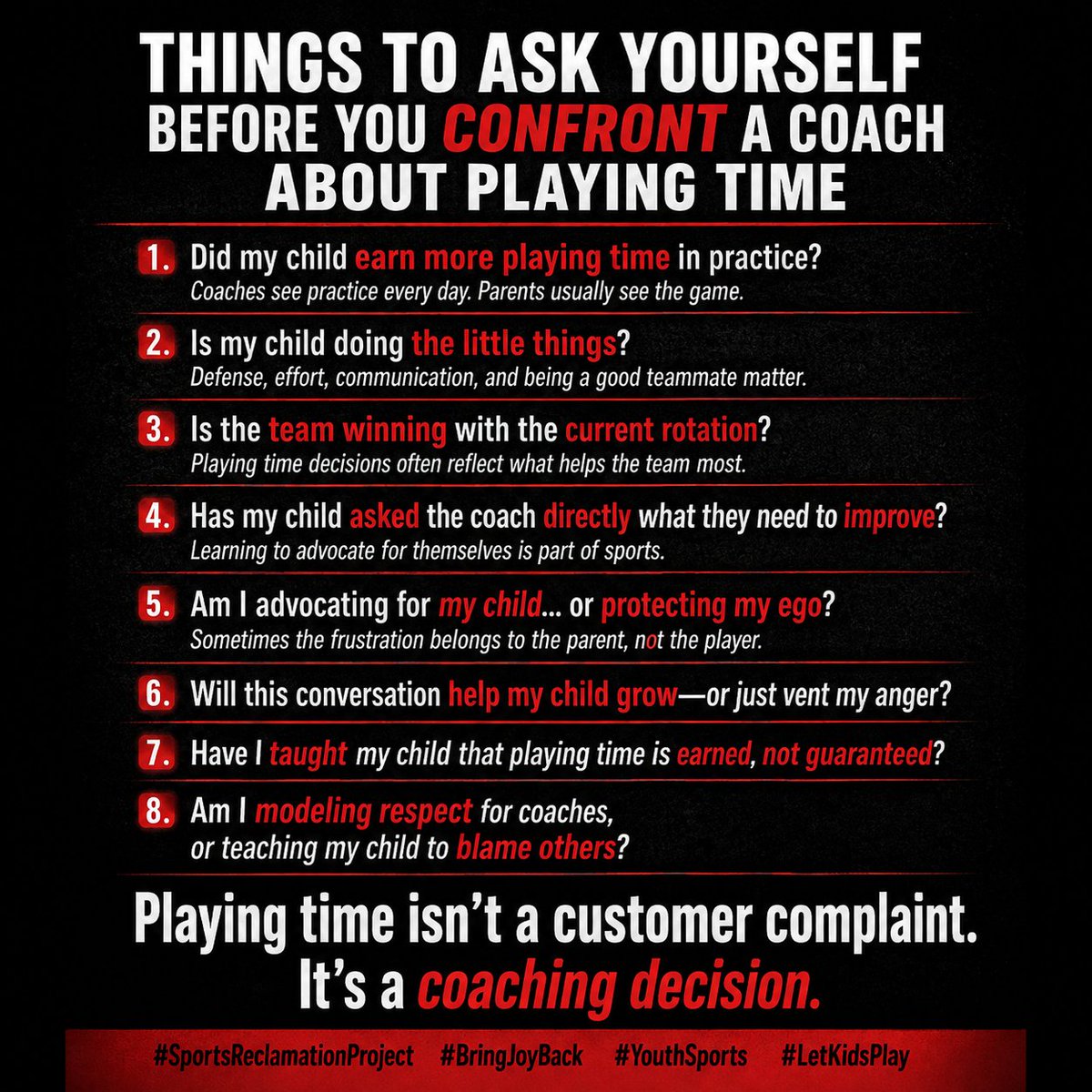 Jon_PGHoops757's tweet photo. Parents, don’t confront a coach demanding playing time. Ask what your athlete needs to improve to earn it. Teach them to communicate, compete, and grow.
#YouthSports #SportsParents #EarnIt #ParentingAthletes #SportsReclamationProject https://t.co/8AuWU6hPCj