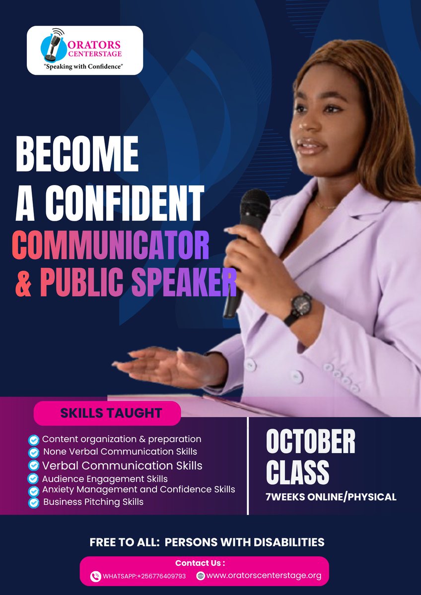 lifethatmatter's tweet photo. 🎤 Your voice deserves to be heard this October!

FREE public speaking &amp; confidence class for persons with physical disabilities. Reduced tuition for everyone else. In-person &amp; online.

Enroll today! 👇WHATSAP HERE: +256776409793

#PublicSpeaking #Confidence #Disability https://t.co/uKuRiAZRRf
