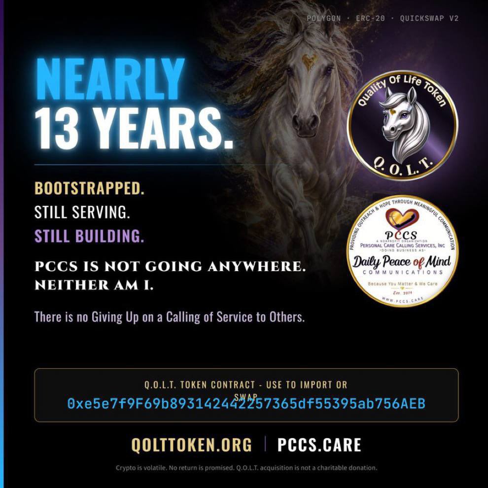 sheni_jamiu's tweet photo. In Web3, we talk a lot about innovation, adoption, and building communities.

But what happens when that technology helps bring attention to people who are often overlooked?

That’s what makes the mission behind $QOLT worth understanding.

PCCS has been providing care and connection since 2014, supporting isolated seniors, veterans, and adults with disabilities.

The token is new compared to the mission. The people behind the mission are what matter.

Care. Connect. Change Lives. 💜

@QOLTtoken #QOLT #Web3ForGood