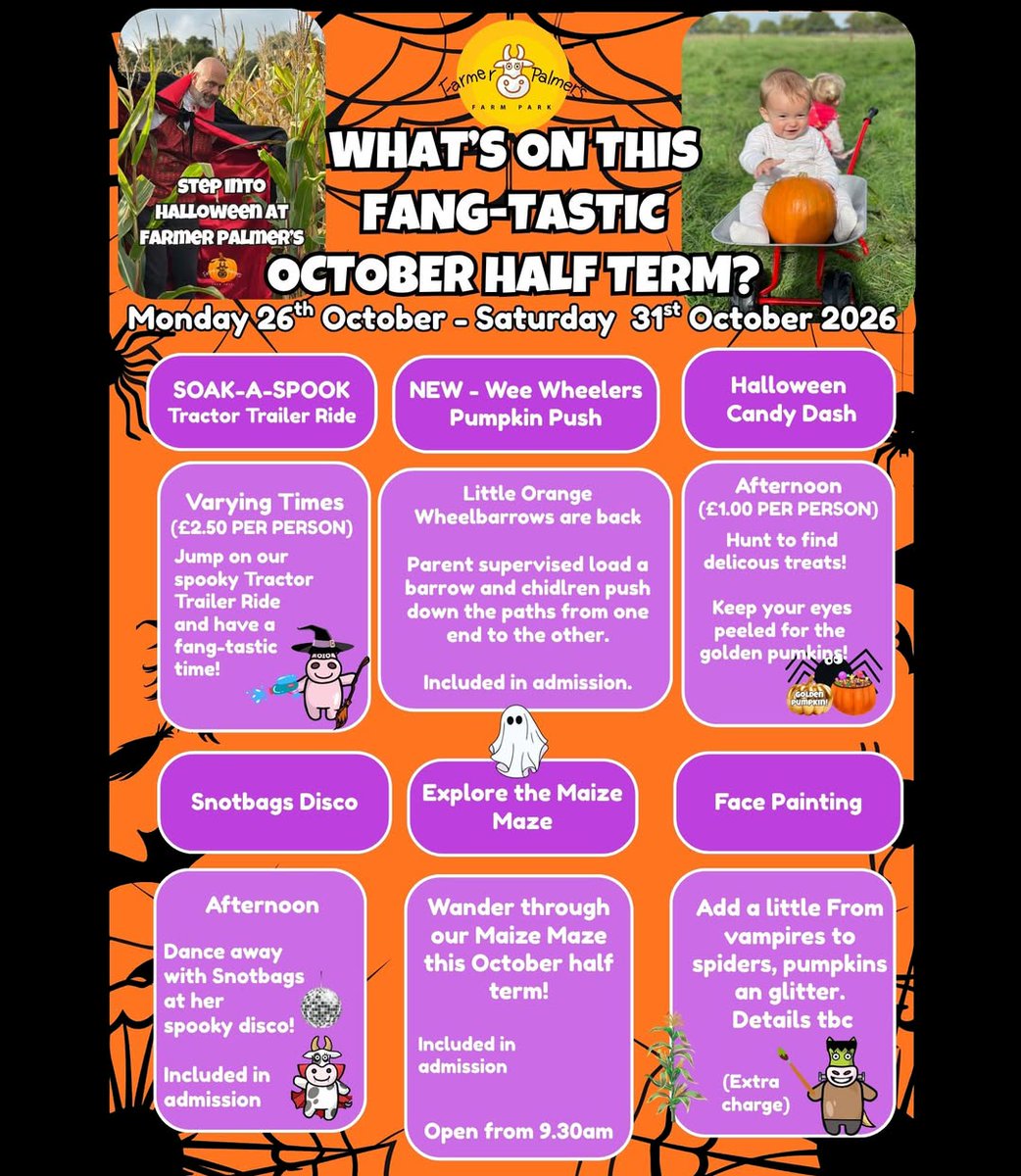 PrimaryTimes's tweet photo. #WhatsOn in Dorset > Get ready for some ‘fang-tastic’ half-term fun at Farmer Palmer's Farm Park. Spooky fun starts on 26th October 🩸

https://t.co/bBdpZmopZt https://t.co/htPNEP5Kn2