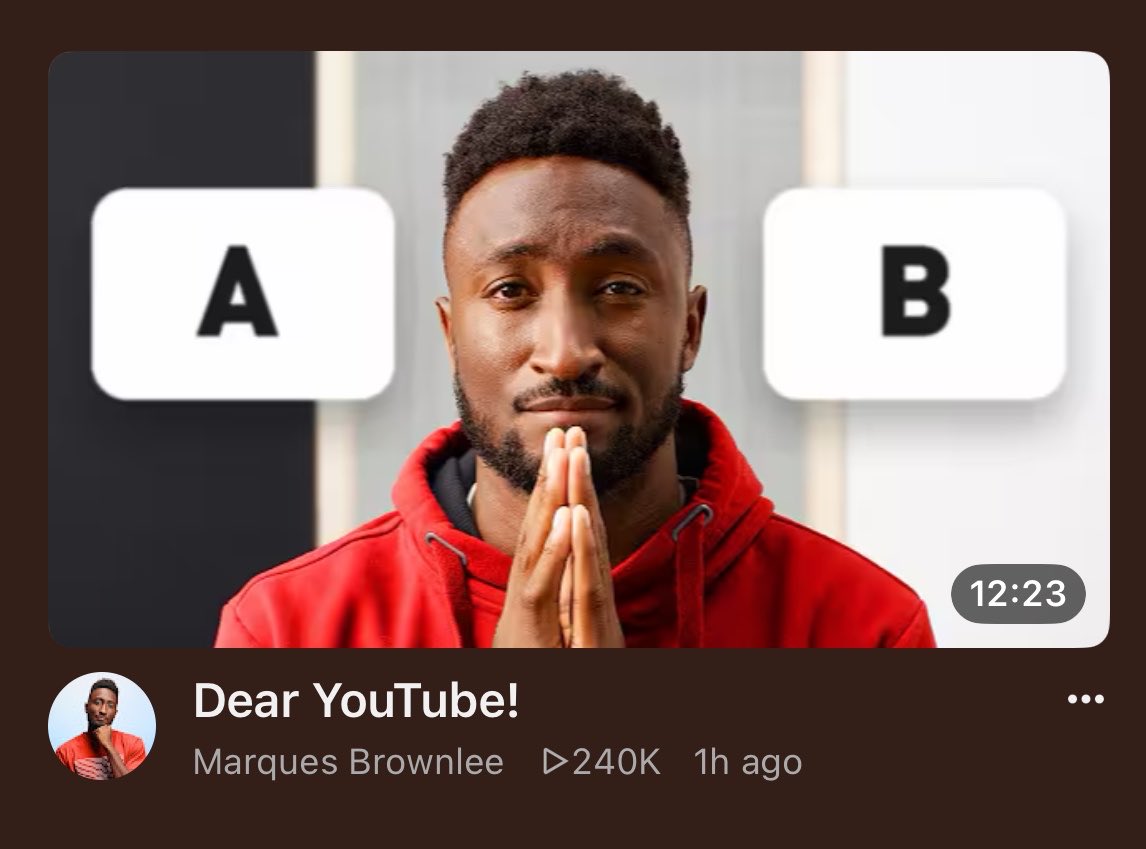 MrPerfectTech's tweet photo. Thank you, Marques, for this video.
Someone had to call YouTube out for the sheer absurdity of their new features. Glad it came from you. https://t.co/cbh9blOt5n