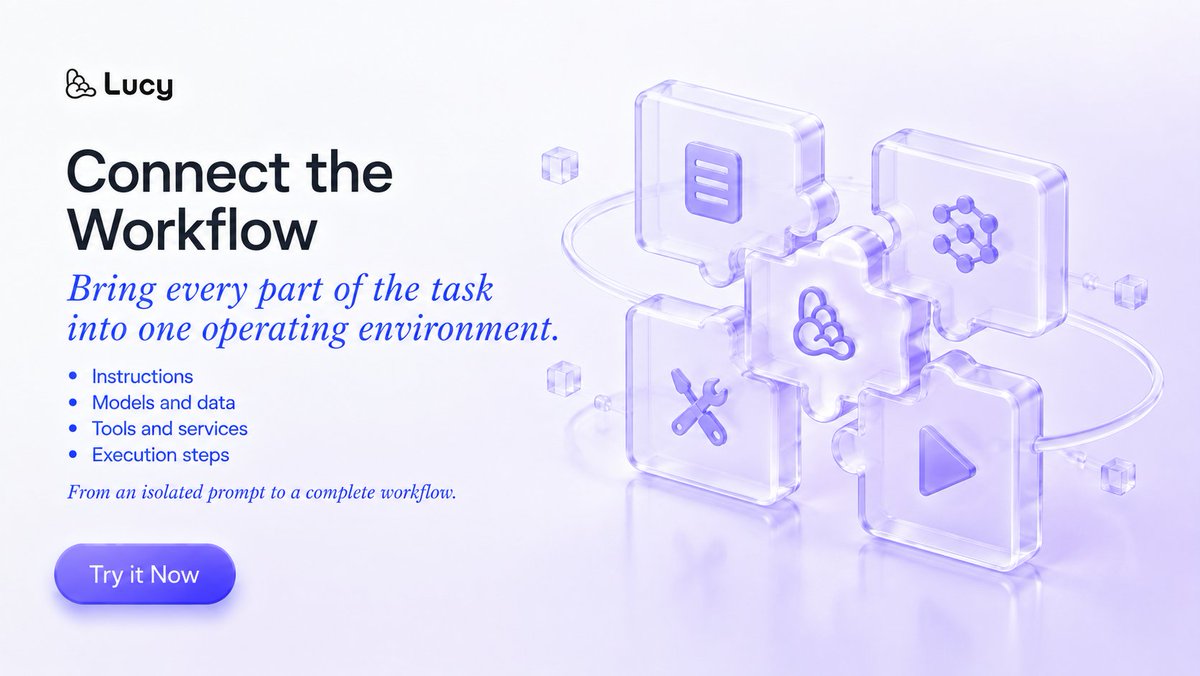 LucyOSAI's tweet photo. CONNECT THE WORKFLOW

Useful agents require more than a single response.

They need to coordinate instructions, models, data, tools, and execution steps.

Lucy brings these elements into one operating environment, helping users move from an isolated prompt toward a complete workflow.