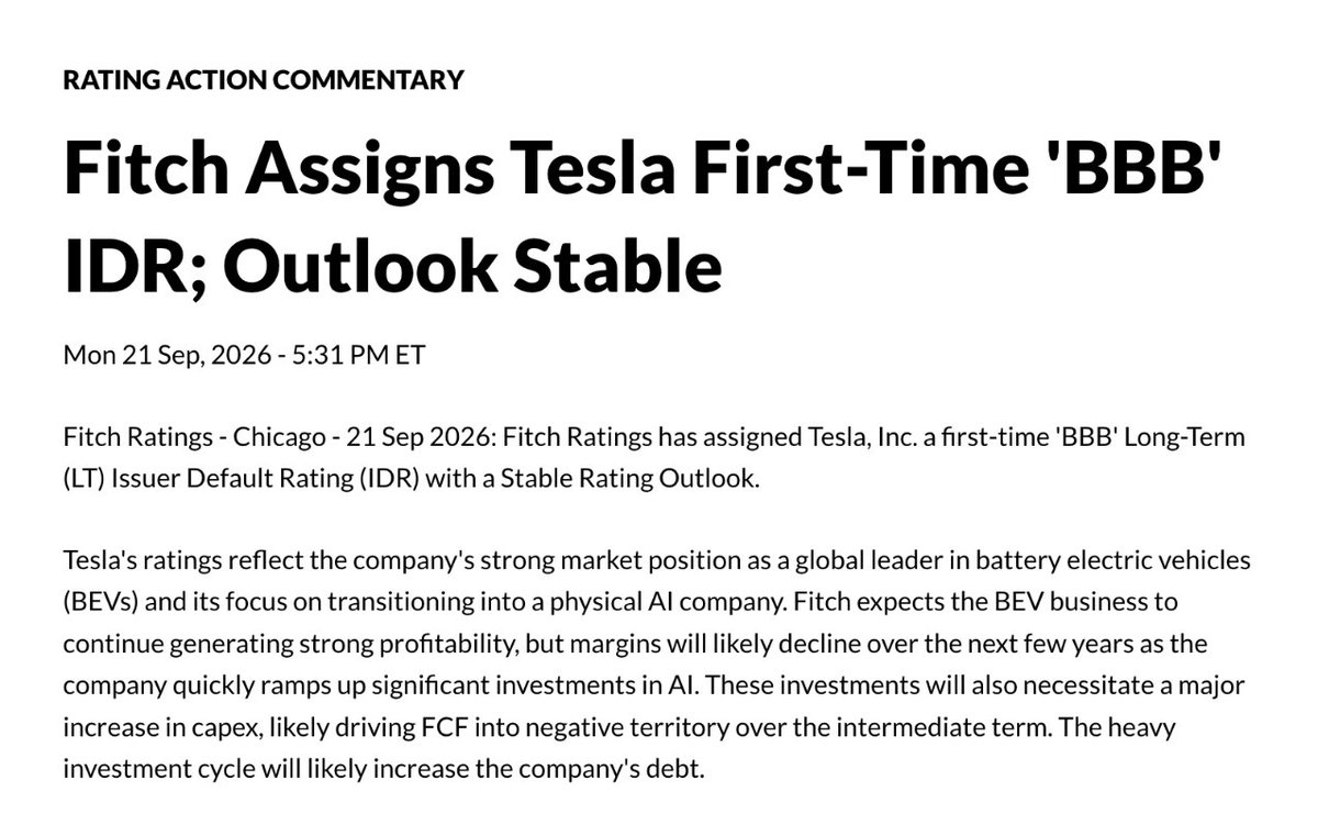 junkbondinvest's tweet photo. Fitch just assigned Tesla a 1st-time BBB rating and people are already speculating about a big inaugural IG bond deal

Remember when they had JUNK bonds? The coupon on the 2017 deal was 5.3% (not a typo).

In retrospect, that's cheaper than what they'd pay for IG money today

$TSLA