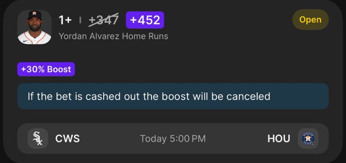 cashflowsports2's tweet photo. Playing Yordan Alvarez HR with my 30% Batters Boost

1.18u

JOIN THE FREE  DISCORD 🔗🔗  https://t.co/Exb2JLz05m

#MLB #MLBBets #HomeRunProps #HRParlay #BaseballBets #SportsBetting #Parlay #DavisParlay @playbook https://t.co/OHbltIM8T9