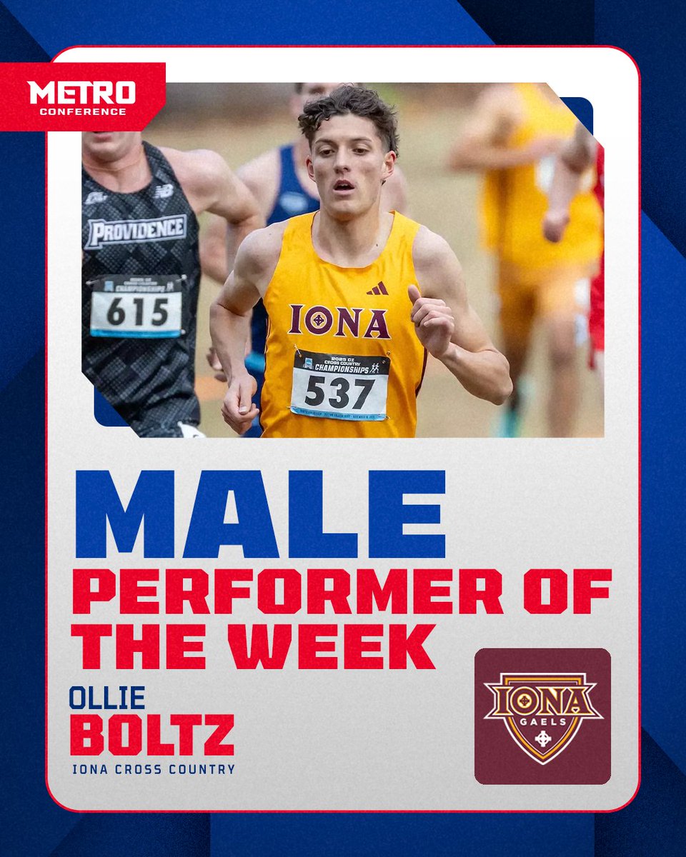 MetroConfSports's tweet photo. Week 4️⃣ Metro Cross Country Male Performer of the Week! 👏

@IonaXCTF's Ollie Boltz

➡️ Crossed the finish line in 23:45 in a highly competitive men's 8k field!

🔗 https://t.co/4eJWkz77Rn https://t.co/u0sUoxo3GG