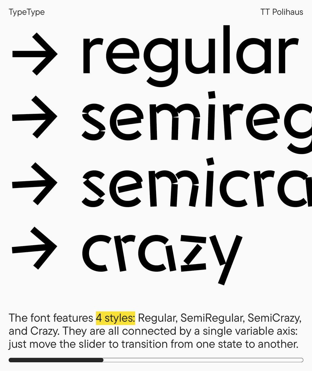 _TYPETYPE_'s tweet photo. Today we’re talking about the development of a new font that truly knows how to be different 🙃
At first glance, TT Polihaus is an ordinary sans serif—calm and legible. But the moment you move the slider, it starts to go crazy! https://t.co/FdcgCGwxN3