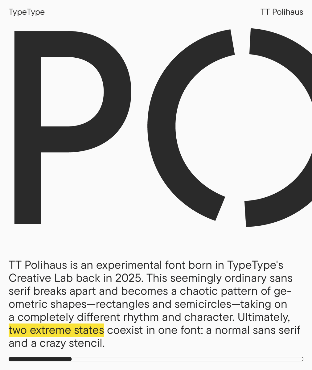 _TYPETYPE_'s tweet photo. Today we’re talking about the development of a new font that truly knows how to be different 🙃
At first glance, TT Polihaus is an ordinary sans serif—calm and legible. But the moment you move the slider, it starts to go crazy! https://t.co/FdcgCGwxN3