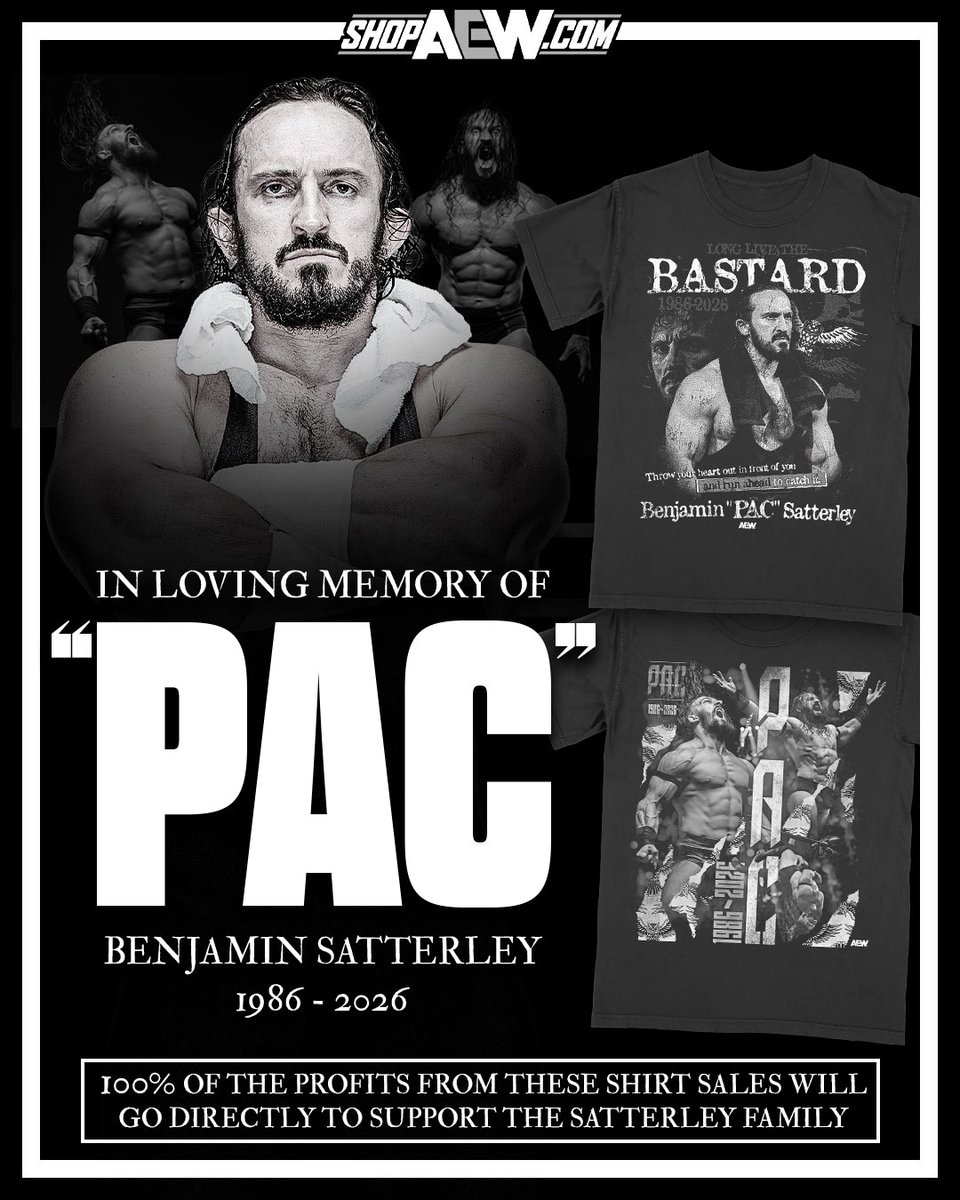 ShopAEW's tweet photo. In Loving Memory of Pac.
100% of the profits from shirt sales will go directly to support the Satterley Family. Available on https://t.co/nhTJTEwEZu
@AEW https://t.co/O0e9axOsG6