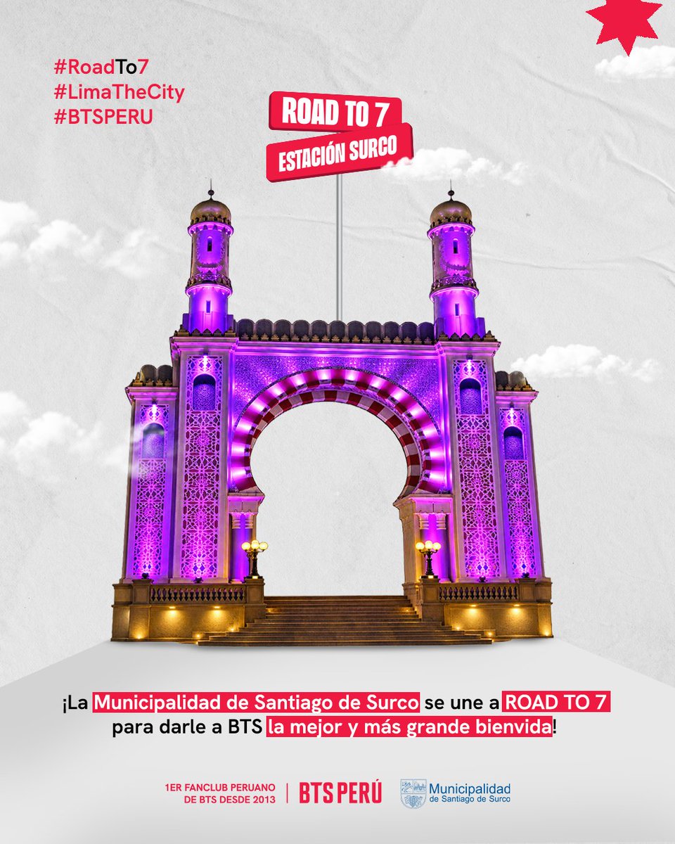 bts_peru1's tweet photo. 💜 ¡ @munisurco1 @TechitoBruce  SE SUMA A ROAD TO 7!

Esta vez, Santiago de Surco se une a este recorrido para darle a BTS una bienvenida que quedará en la ciudad. ✨

Del 5 al 11 de octubre, el Arco Morisco se iluminará y habrá proyecciones especiales en el Parque de la Amistad desde las 6:30 p. m.

Pero eso no es todo. 👀
También se realizará el renombramiento temporal de una avenida en honor a BTS y la declaración de BTS como Huéspedes Ilustres de Santiago de Surco.

Una colaboración entre BTS Perú Fan Club y la Municipalidad de Santiago de Surco que suma una nueva experiencia a este gran recorrido.

📍 Surco
📅 5 al 11 de octubre
✨ Desde las 6:30 p. m.

Y esto recién comienza. 💜

#RoadTo7 #LimaTheCity #BTSPERU
