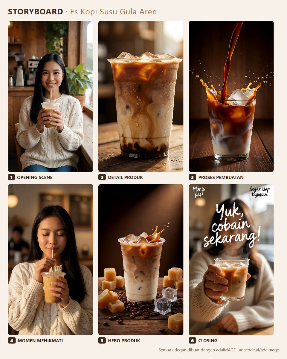 adacode_ai's tweet photo. Iklan es kopi 30 detik ini 100% dibuat AI ☕
Tanpa kamera, tanpa model, tanpa studio.

6 adegan → 6 gambar adaIMAGE → 6 klip adaVIDEO → digabung jadi satu iklan.

Prompt tiap adegan ada di utas ini 👇 https://t.co/QEcGs3QNsh