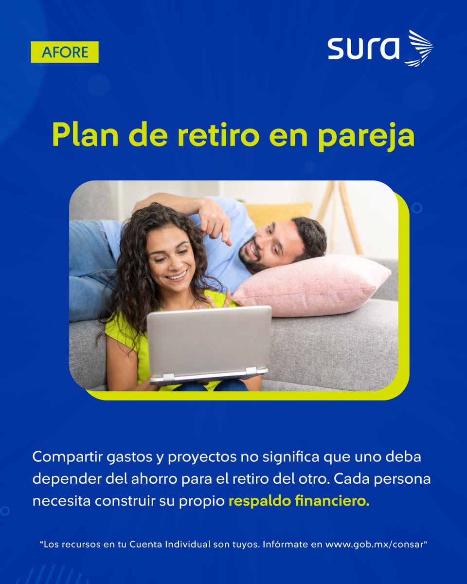 AforeSURAMX's tweet photo. ¿Ya hablaste con tu pareja sobre cómo imaginan su retiro? 👀💙 Tener objetivos en común también puede ir acompañado de un plan de ahorro individual para cada uno. Descubre más en nuestro blog https://t.co/XnA0x1YFY0 https://t.co/C1UgpQEZMu