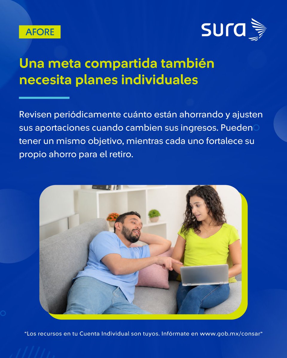 AforeSURAMX's tweet photo. ¿Ya hablaste con tu pareja sobre cómo imaginan su retiro? 👀💙 Tener objetivos en común también puede ir acompañado de un plan de ahorro individual para cada uno. Descubre más en nuestro blog https://t.co/XnA0x1YFY0 https://t.co/C1UgpQEZMu
