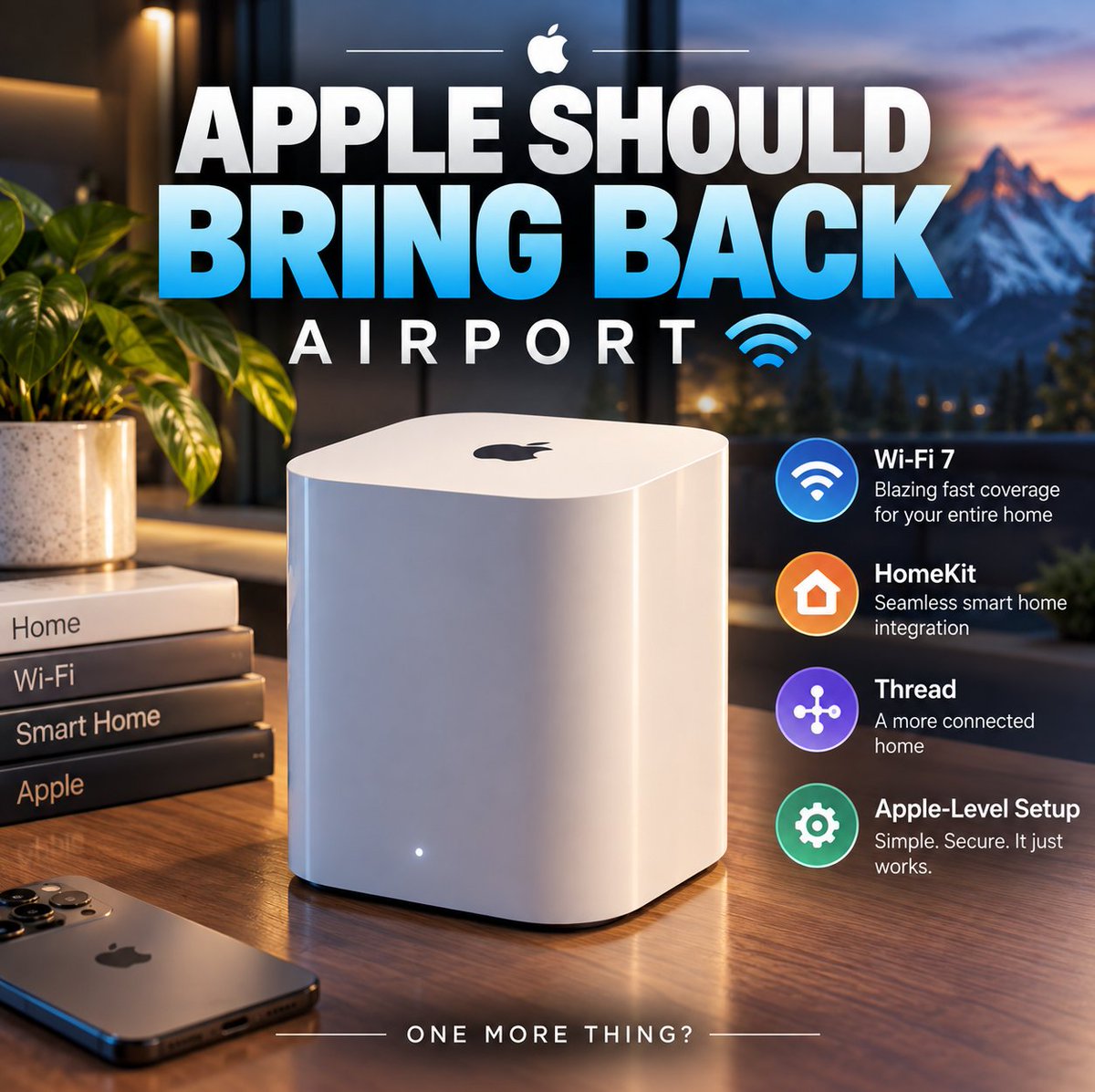 1MoreThingApple's tweet photo. I’m going to say it:

Apple should bring back AirPort. 

HomeKit + Thread + Wi-Fi 7 + Apple-level setup could make an Apple router ridiculously good.

I’d buy one tomorrow.

This is one discontinued Apple product I genuinely think Apple made a mistake killing. https://t.co/onOGErv14n