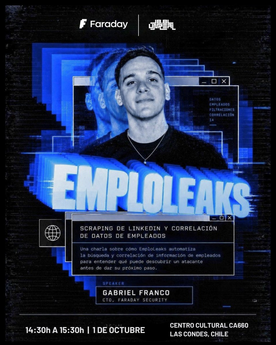 faradaysec's tweet photo. 👀 ¿Cuánto puede saber un atacante sobre una empresa antes de atacarla?

Mañana en @8dot8 nuestro CTO Gabriel Franco presenta EmploLeaks: cómo conectar y correlacionar datos expuestos para ver lo que otros no ven.

📅 1/10 | 14:30 h
📍 CA660, Las Condes 🇨🇱 https://t.co/qfZpPq8zz9