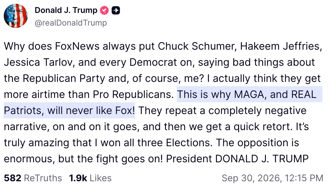 reBurningBright's tweet photo. Trump is sometimes forced to say things his supporters should not need to hear, such as the fact that FOX has not only never been a friend to MAGA, but is very literally its most effective form of controlled opposition.

Jesse Watters is not a secret white hat.

None of them are. https://t.co/2HAqdSS3Ey