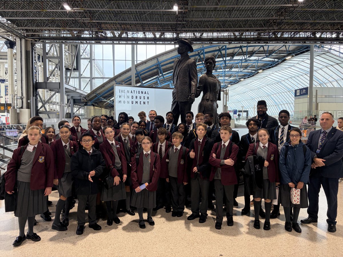 STMComp's tweet photo. To mark the start of Black History Month a group of St Columba's students joined students from St Thomas More at the National Windrush Memorial in Waterloo Station. The station was chosen as it was the arrival point in London for many families from 1948 onwards. #TheSTMWay https://t.co/Xgy9DKgxzT