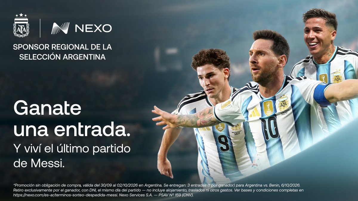 NexoARGENTINA's tweet photo. SÉ PARTE DE LA DESPEDIDA DEL 10 🇦🇷

El GOAT juega su último partido con la Selección @Argentina, y en Nexo queremos que estés ahí, para despedirlo como se merece. Por eso, sorteamos entradas para el partido Argentina vs. Benín.

¿Cómo participás?

1. Tenés que ser cliente de Nexo
2. Seguir a @NexoArgentina
3. Darle like y RT a este posteo
4. Comentar: ¿Por qué querés estar en la despedida de Messi?

Podés participar desde hoy hasta el viernes 2/10 a las 12hs. Los ganadores se anuncian el mismo viernes desde las 13hs. Las entradas se retiran el martes 6/10, día del partido, en Capital Federal. No incluye alojamiento ni traslados. 

Bases y condiciones completas acá: https://t.co/yLmINoBcwj