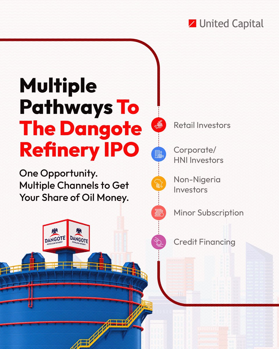 Investnowapp's tweet photo. The opportunity to own a piece of the Dangote Refinery is still here. ✨

Whether you’re investing for yourself, for your child, making a larger investment, or joining from another African country, there’s a United Capital pathway for you.

🧵 https://t.co/xgDFR5KGP3