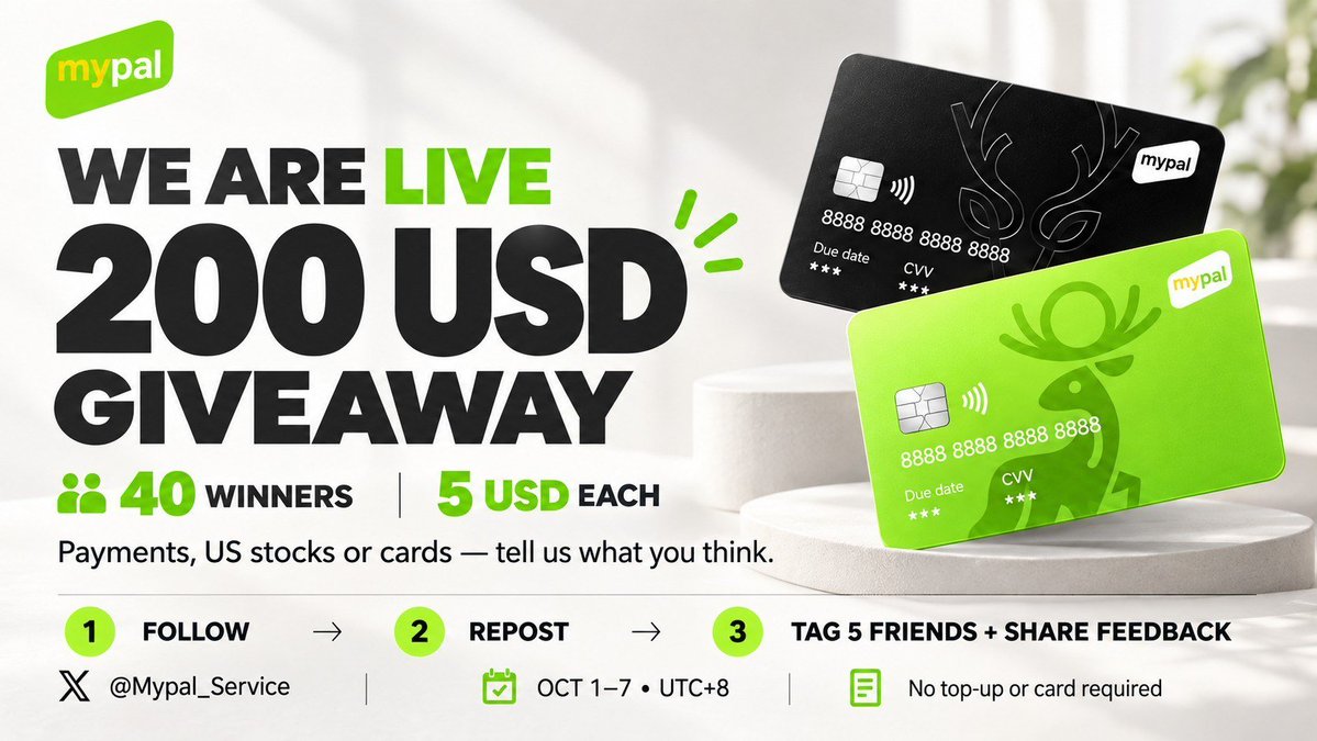 Mypal_Service's tweet photo. 🔥 $200 USDT GIVEAWAY | MyPal Service Account is NOW LIVE! 🎉
We’re giving away 200 USDT to 40 lucky winners (5 USDT each) to celebrate our launch! 🎁 https://t.co/5mcU585nyh