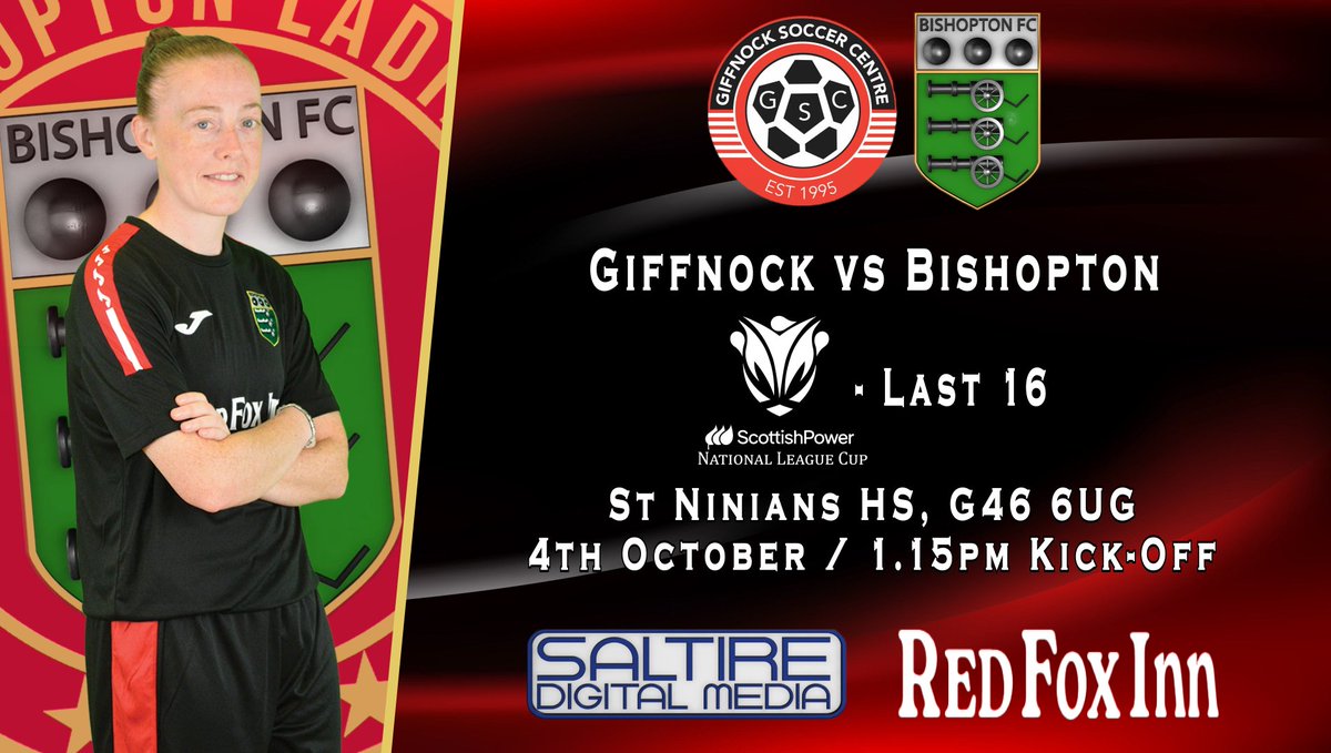 BishoptonFcl's tweet photo. This Sunday, we are in The ScottishPower National League Cup.
Giffnock vs Bishopton Ladies @ St Ninian's HS, with a 1.15pm KO.
#monthebishy #redfoxinn #saltiredigitalmedia https://t.co/QPsS2sQHLS