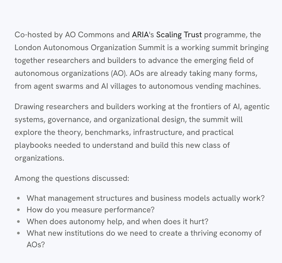 ObadiaAlex's tweet photo. Following the excellent Stanford Autonomous Organizations Summit a few months ago, Scaling Trust is co-hosting a follow-up event with AO Commons -- the London AO Summit -- on Nov 5th and 6th. Join us!
https://t.co/GGayWa6mv7 https://t.co/nDlGKDaN72