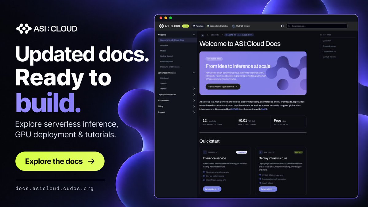 CUDOS_'s tweet photo. Fresh design. Clearer guides. Same OpenAI-compatible API.

The ASI:Cloud docs just got an upgrade → https://t.co/9djgXWV2Gt

Coming soon: new model lineups and more functionality landing on ASI:Cloud. Stay tuned. https://t.co/hpl20qfu4o