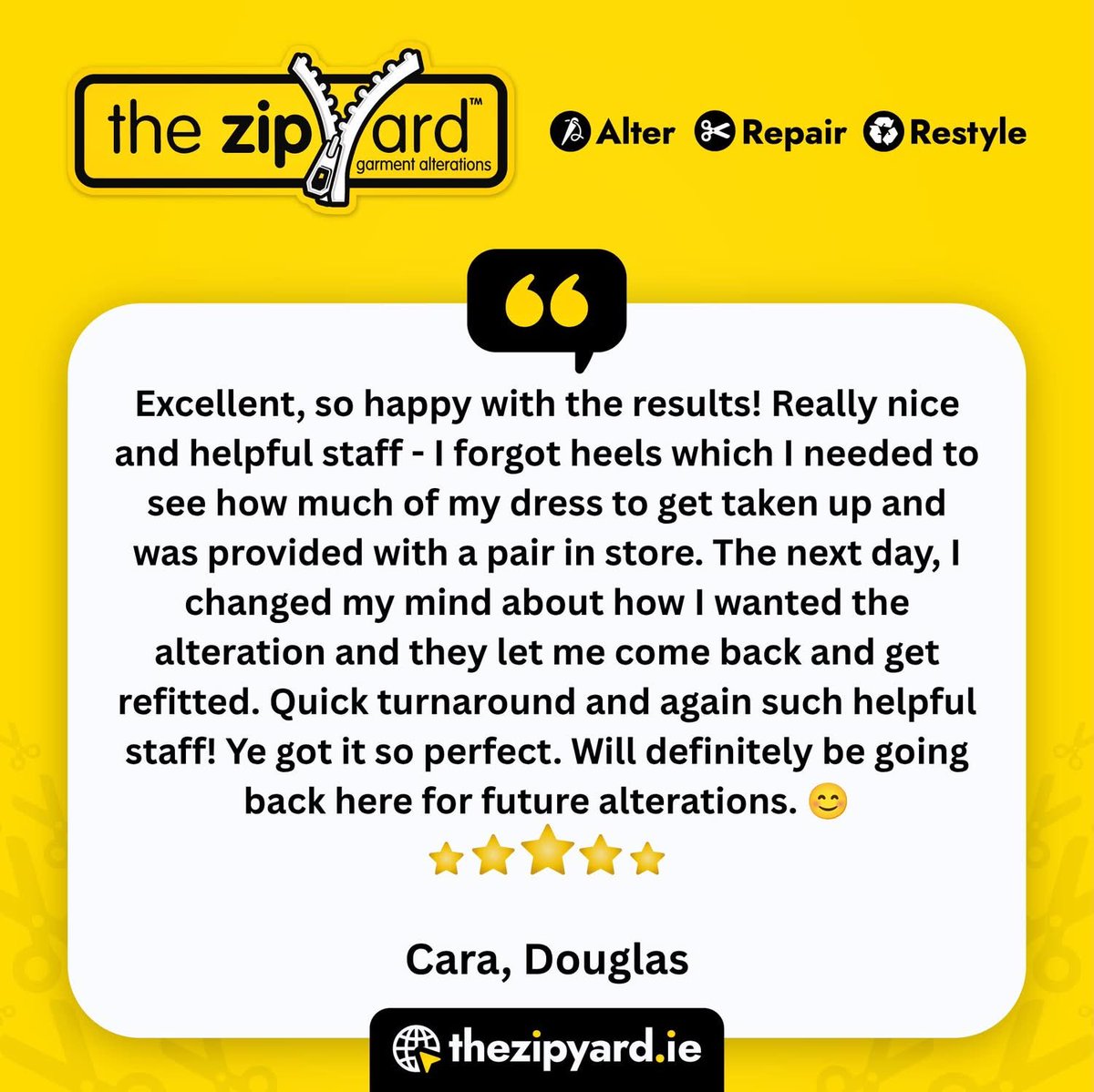 TheZipYard_IRL's tweet photo. Above and beyond service! ⭐⭐⭐⭐⭐
Flexible fittings, quick turnarounds, and friendly care - we’ll make sure your outfit is 100% right before you step out.
#thezipyard #customerreview #douglas #dressalterations #5starreview https://t.co/OflFk4SU0J