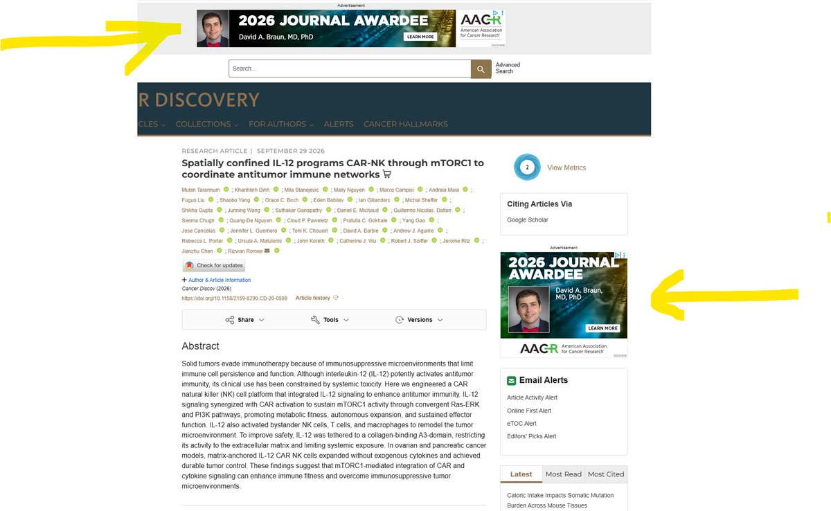 DrChoueiri's tweet photo. Congratulations to @romeerizwan and team on this exciting work in @CD_AACR  —a terrific collaboration (that includes our @DanaFarber_GU group) on spatially confined IL-12 + CAR-NK biology. 

And a very pleasant surprise on the same page: seeing  @BraunMDPhD, now at @YaleCancer featured as the 2026 Cancer Discovery Journal Awardee. Full-circle moment!

@DanaFarber @DanaFarberNews  @harvardmed
