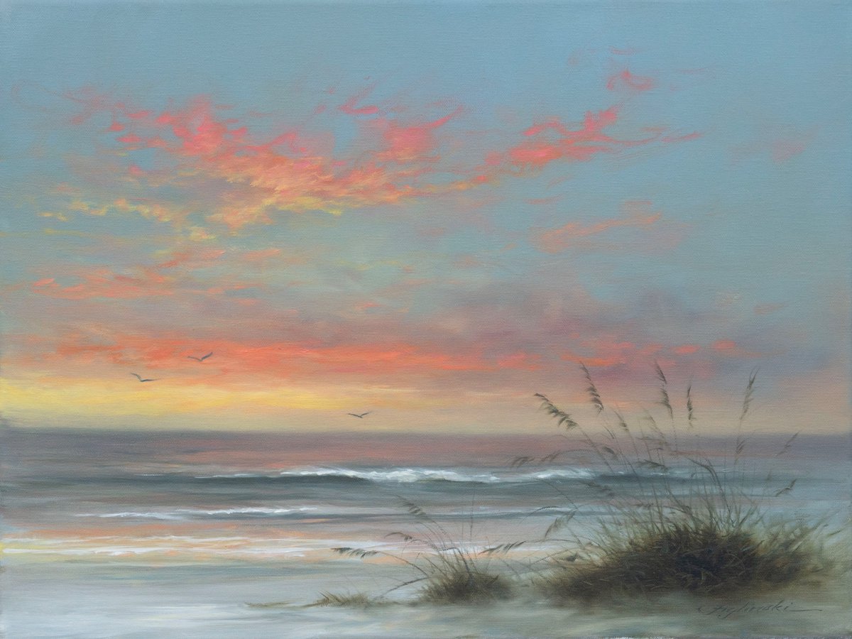 Figlinski's tweet photo. As the sunset settled over the water, coral and gold burned low along the horizon. The sea rolled quietly toward shore, and the sea oats moved in the breeze as the last birds crossed the light.

#26091 “The Shore at Sunset”  12’ x 16” oil on linen. https://t.co/n4QmnuRd2l
