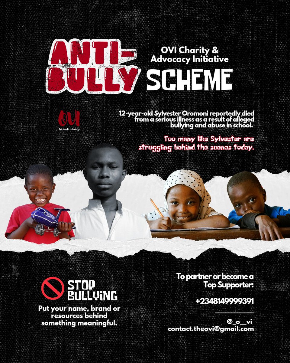 _o__vi's tweet photo. Over the next 8 months we'll be reaching vulnerable children and victims of bullying with the Anti-Bully Scheme.

N10,000 can help us reach one more child in one more school. Become a top supporter by donating today:

https://t.co/Lvo1JirTOc https://t.co/zyNK7A8z5X