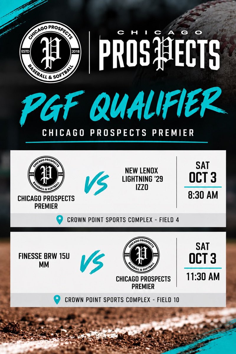 ChiProspects16u's tweet photo. 🥎 PGF Qualifier weekend!

Chicago Prospects Premier is headed to Crown Point this Saturday and ready to compete. 💪

📍 Crown Point Sports Complex
⏰ 8:30 AM — vs New Lenox Lightning ’29 Izzo
⏰ 11:30 AM — vs Finesse BRW 15U MM

Let’s go, Prospects!
@PGFnetwork https://t.co/Sc21GUP45S
