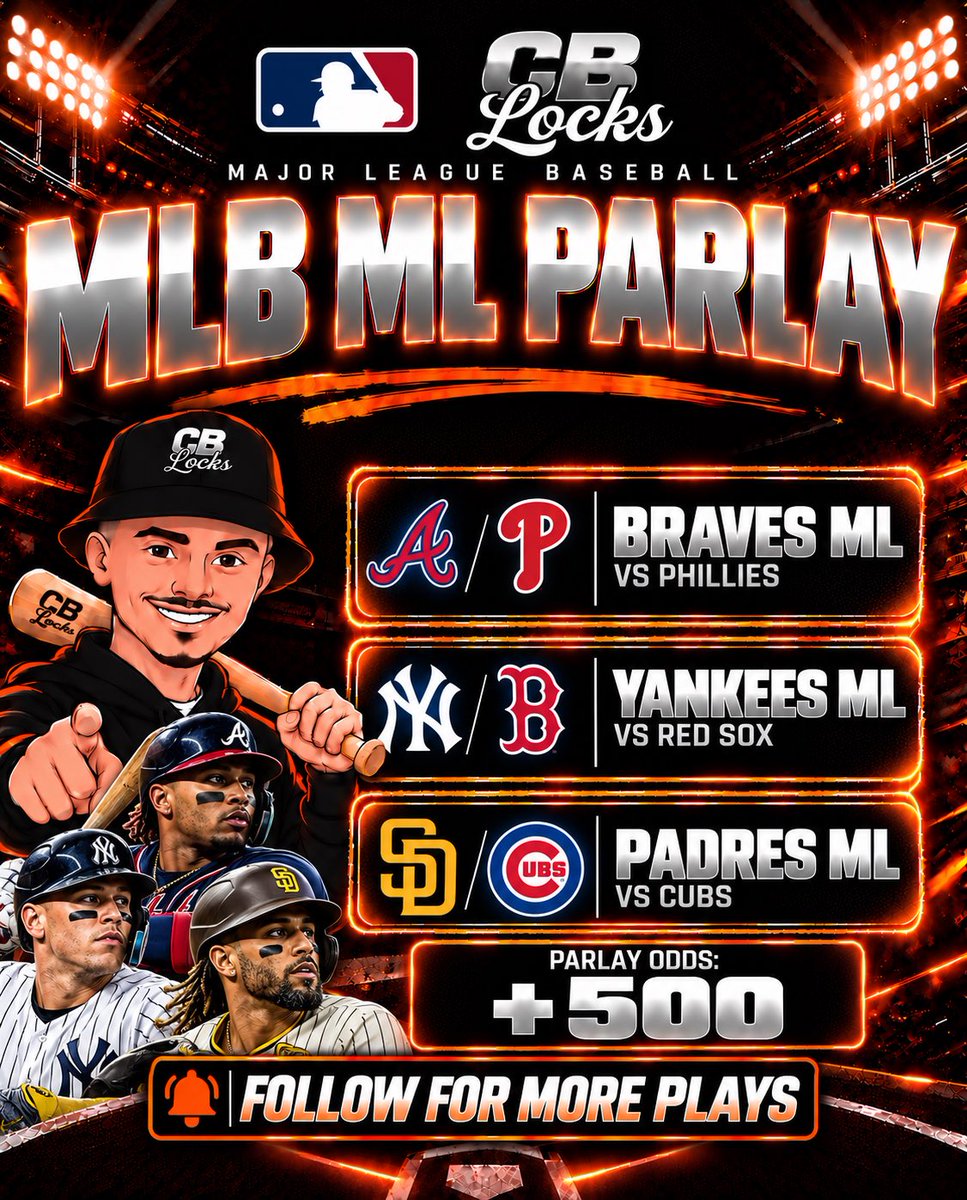 CBLocksss's tweet photo. ⚾️ MLB ML PARLAY (+500)

• Braves ML
• Yankees ML
• Padres ML

$50 ➡️ $300

GET THIS IN BEFORE ITS TOO LATE💰 https://t.co/aNiWRU1jy9