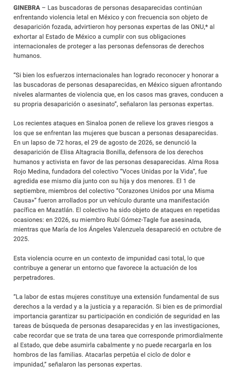 azucenau's tweet photo. 🔴La ONU pide a México proteger a las mujeres buscadoras ante los niveles “alarmantes” de violencia que enfrentan y que, en los casos más graves, han terminado en asesinatos o desapariciones.

Expertos de Naciones Unidas recordaron casos recientes en Sinaloa y advirtieron que las agresiones ocurren en un contexto de “impunidad casi total”.

El organismo enfatiza un punto: buscar a las personas desaparecidas e investigar los casos es responsabilidad del Estado y no puede recaer sobre las familias.

La ONU también llamó a México a reconocer públicamente la labor de las buscadoras.

🔗https://t.co/SYJR2P8JCW