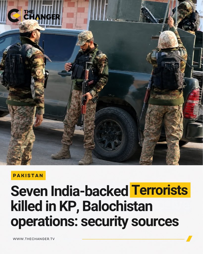 thechanger_tv's tweet photo. Security sources say seven suspected militants were killed during separate operations in Khyber Pakhtunkhwa and Balochistan.

For further details, visit The Changer’s website. Link in bio.

#TheChanger #Pakistan #KhyberPakhtunkhwa #Balochistan #CounterTerrorism #SecurityForces https://t.co/0H1pp4cDND