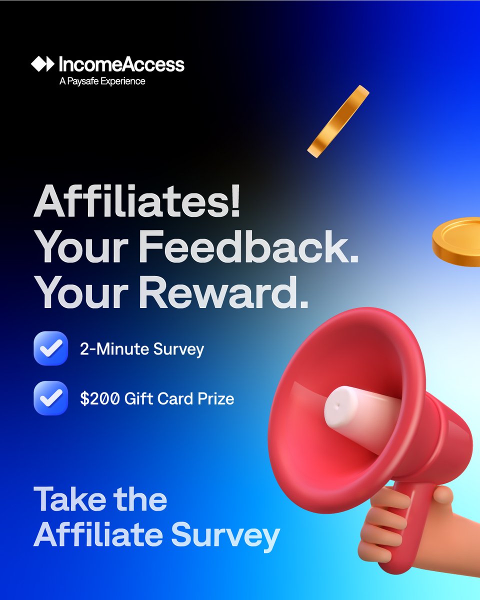 IncomeAccess's tweet photo. 📣 Affiliates, we want to hear from you!

🎁 Take our 2-minute survey for a chance to win a $200 Gift Card.

Your feedback helps us improve and better support your success.

👉 https://t.co/DqWr5hgL2Y https://t.co/wsudwIDuaI